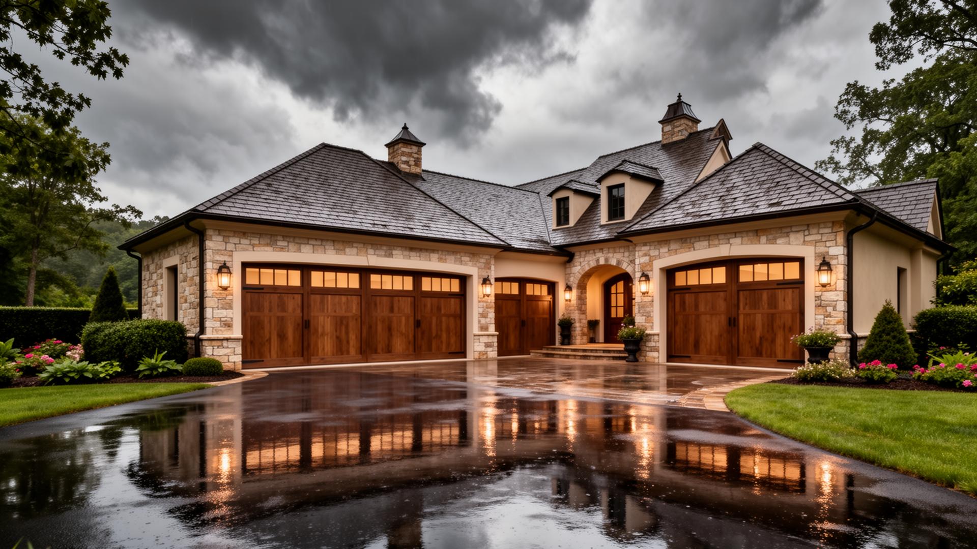Craftsman style garage doors on French country estate in Pateros WA